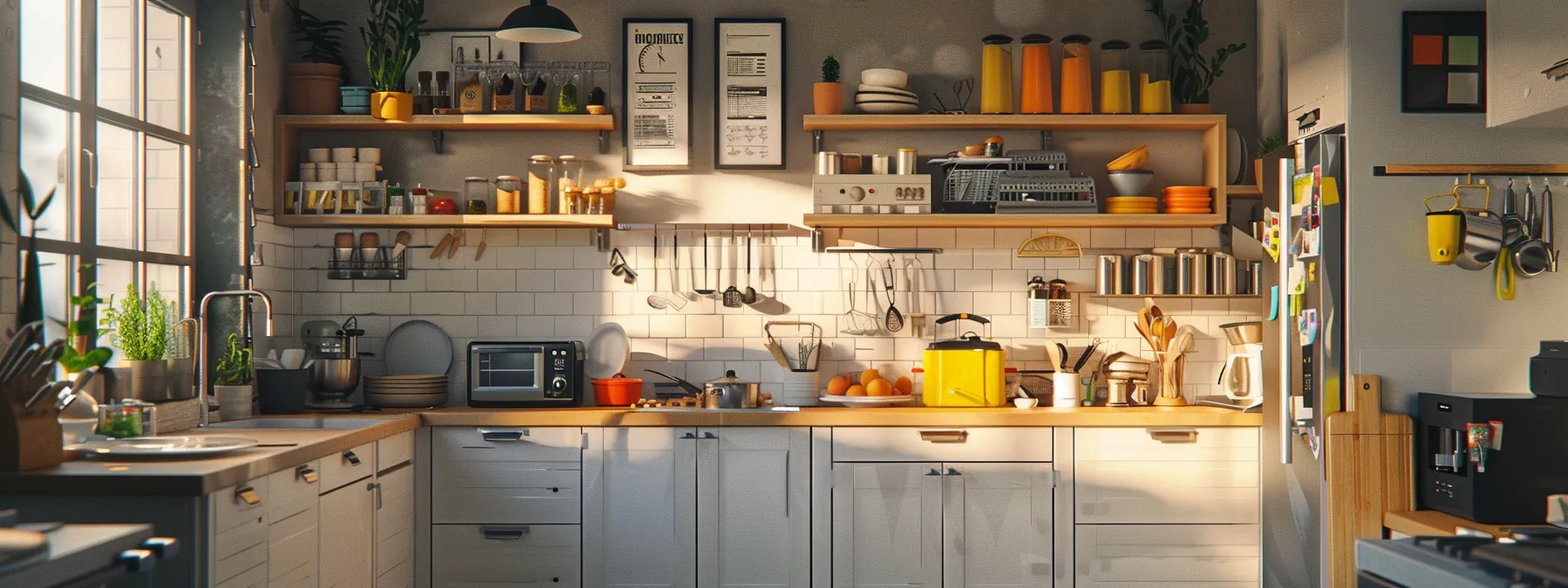 a brightly lit modern kitchen interior showcases a comprehensive maintenance checklist prominently displayed on the wall, surrounded by neatly organized tools and materials, emphasizing the theme of efficient home management and proactive upkeep.