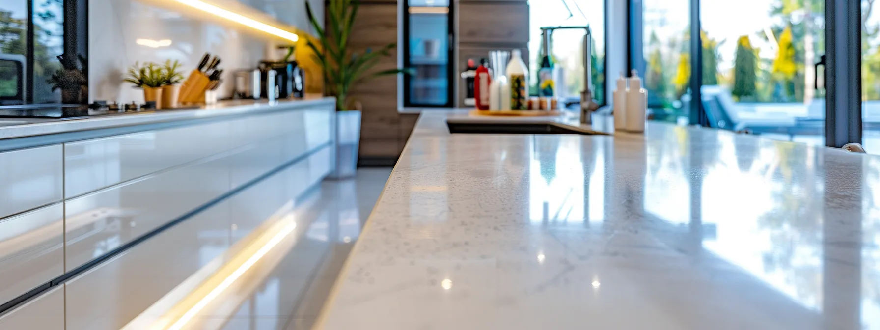 a modern, immaculate kitchen with gleaming countertops and organized cabinetry, showcasing a professional deep cleaning session with cleaning supplies neatly arranged, capturing the essence of meticulous upkeep and renovation readiness.