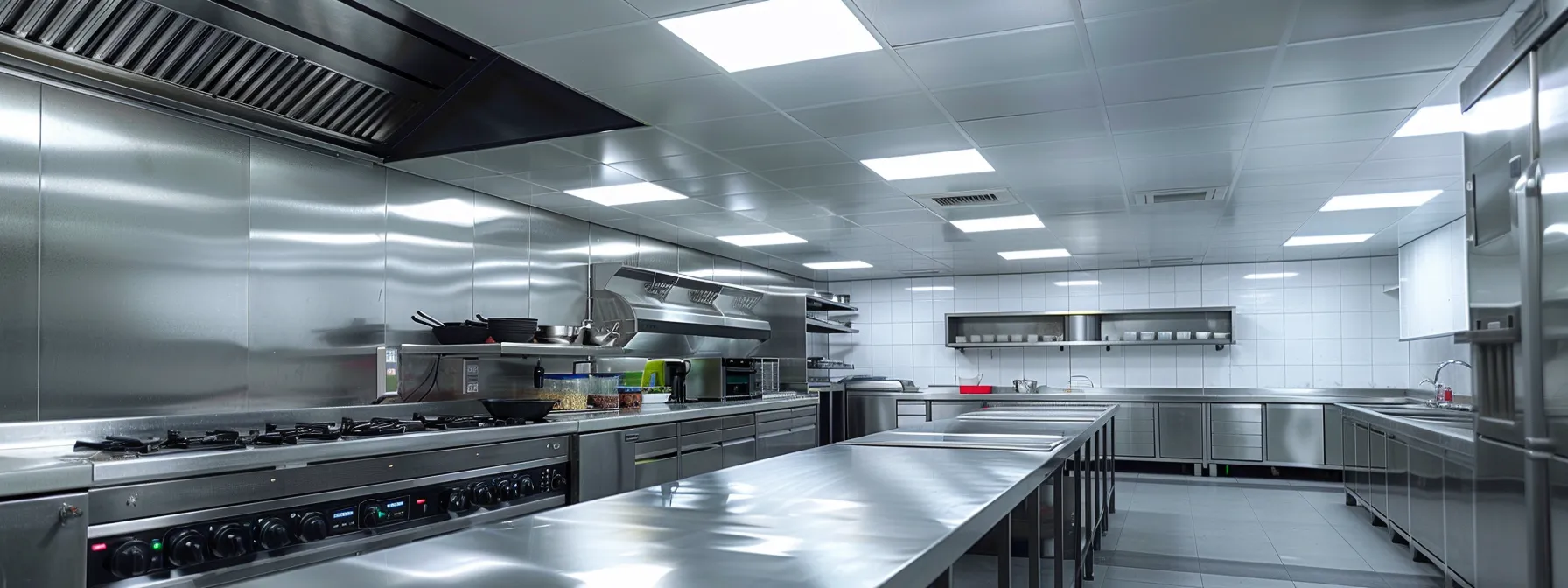 a modern kitchen featuring sleek stainless steel appliances and clear exhaust vents, illuminated by bright overhead lights, captures the essence of optimal ventilation management for a clean, efficient cooking space.