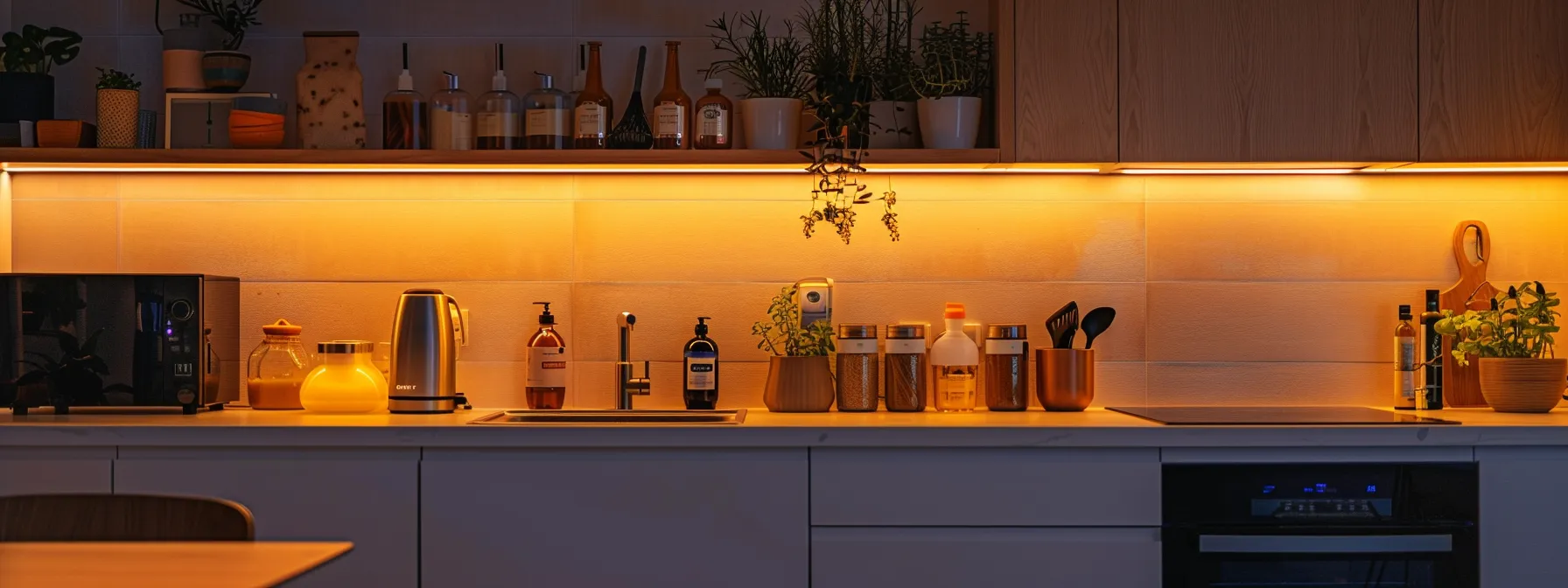 a modern kitchen interior showcases sleek, energy-efficient appliances alongside eco-friendly cleaning products arranged neatly on a clutter-free countertop, illuminated by bright, sustainable led lighting to emphasize a commitment to environmentally conscious design.