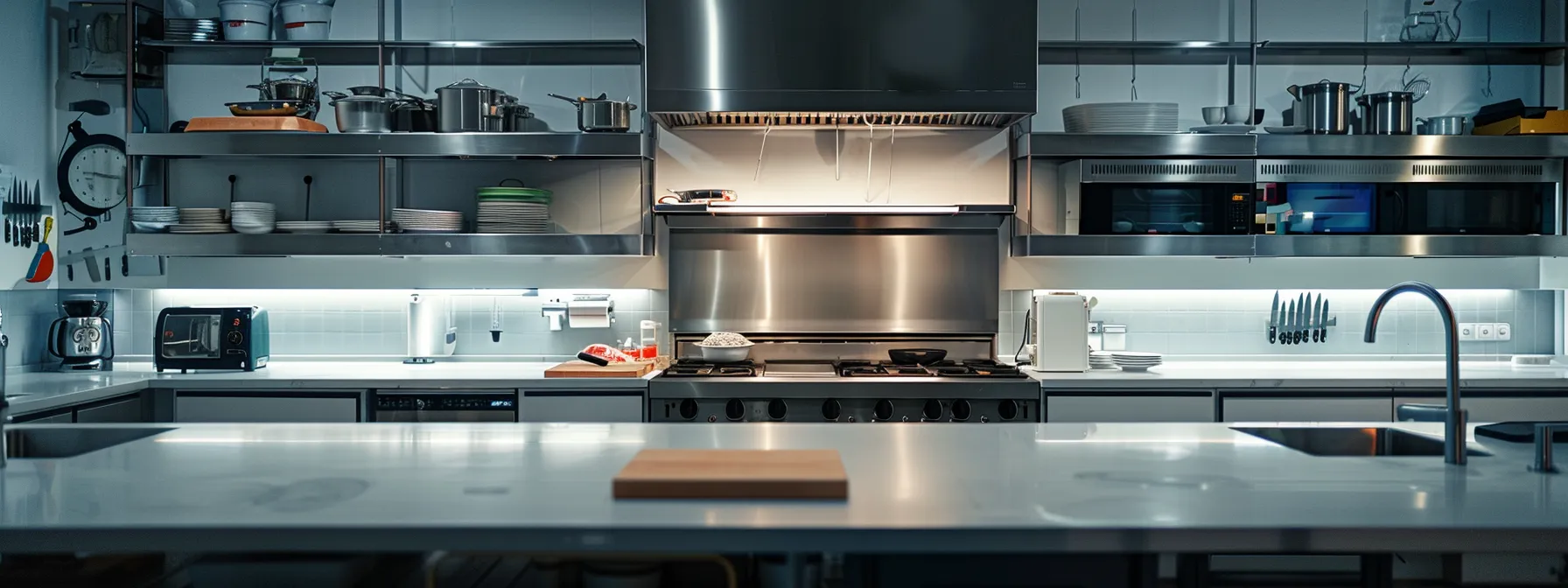 a modern kitchen is meticulously organized, showcasing sleek appliances and safety equipment like a fire extinguisher and smoke alarm, illuminated by bright overhead lighting to emphasize a clean and efficient cooking space dedicated to safety and hygiene.