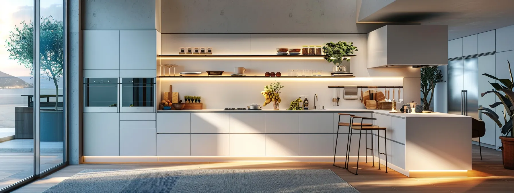a modern, sleek kitchen showcases efficient organization with vertical storage solutions and well-defined cooking zones, bathed in bright, focused lighting that highlights the streamlined, practical layout.