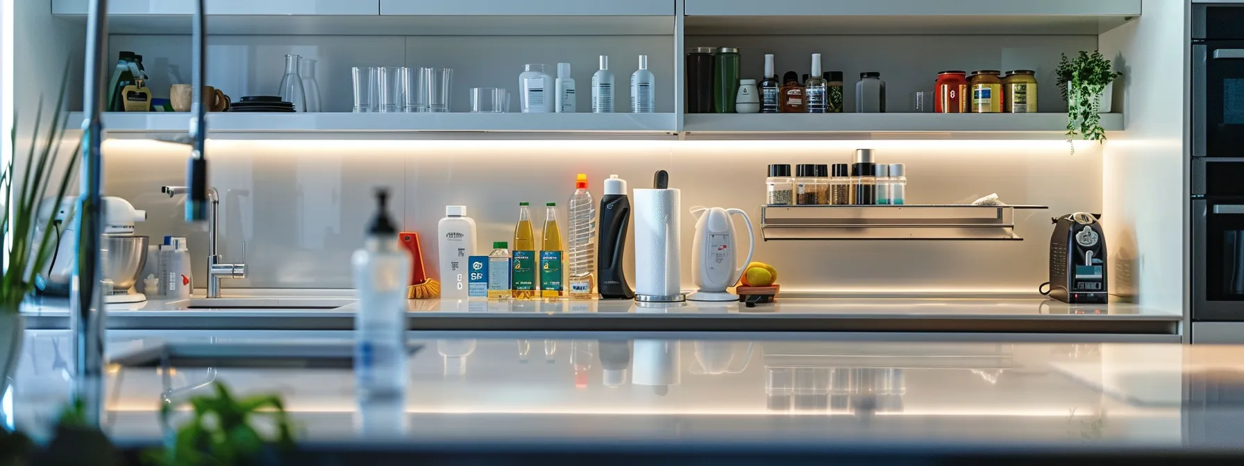 a sleek, modern kitchen featuring pristine quartz surfaces, meticulously organized cleaning supplies, and a well-structured cleaning schedule visibly displayed on the wall, illuminated by bright, focused overhead lighting.