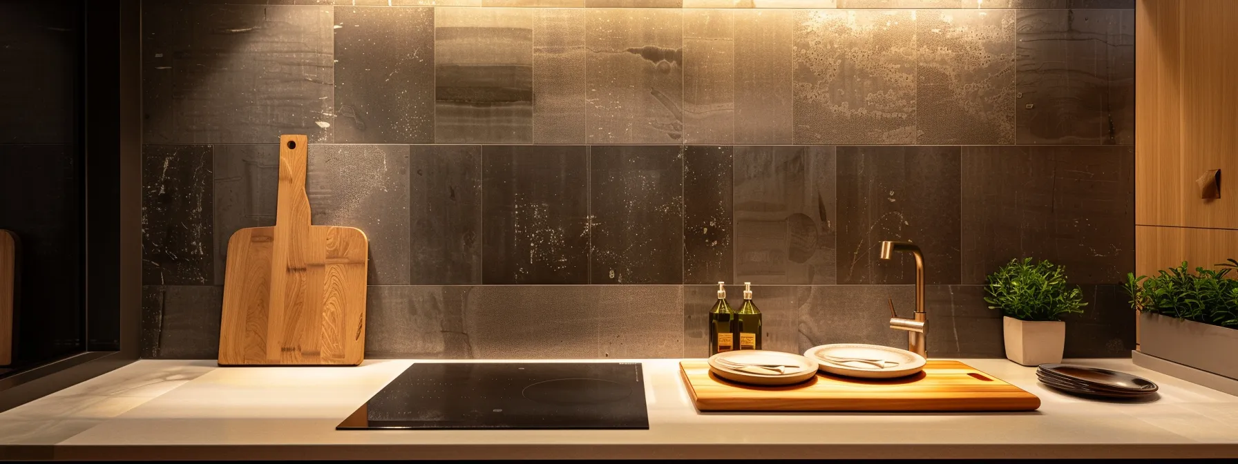 a sleek, modern kitchen showcases pristine tile surfaces flanked by well-organized cutting boards and mats, illuminated by warm, ambient lighting, reflecting the meticulous care and maintenance strategies for a successful kitchen remodel.
