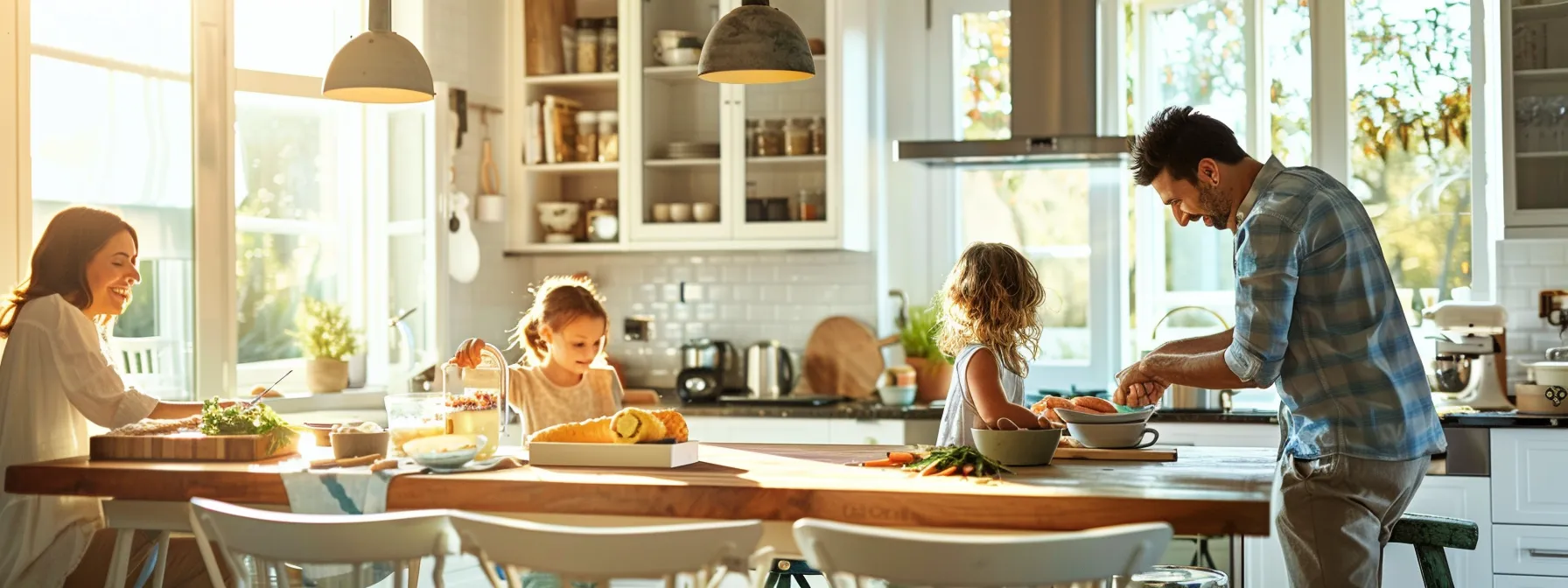 a vibrant, modern kitchen bustling with family members collaboratively engaged in daily upkeep tasks, showcasing a harmonious blend of responsibility and teamwork.
