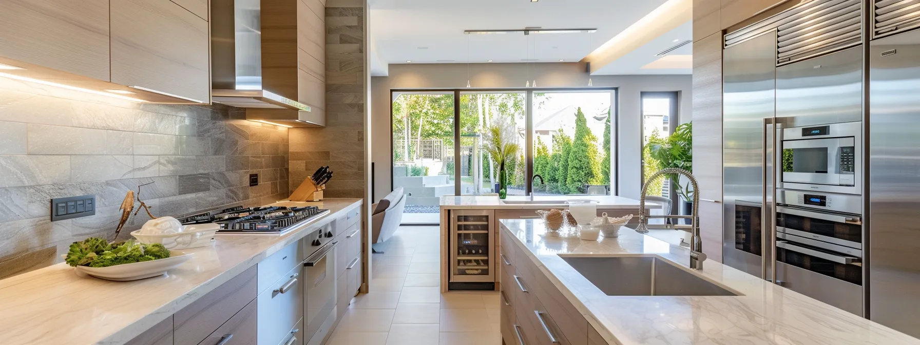 a well-organized, modern kitchen showcases pristine appliances, including a gleaming refrigerator with its coils exposed for maintenance, a stainless-steel oven reflecting meticulous care, and a sleek dishwasher positioned beside an immaculate sink, all under bright, focused artificial lighting that highlights the precision of the kitchen remodel.
